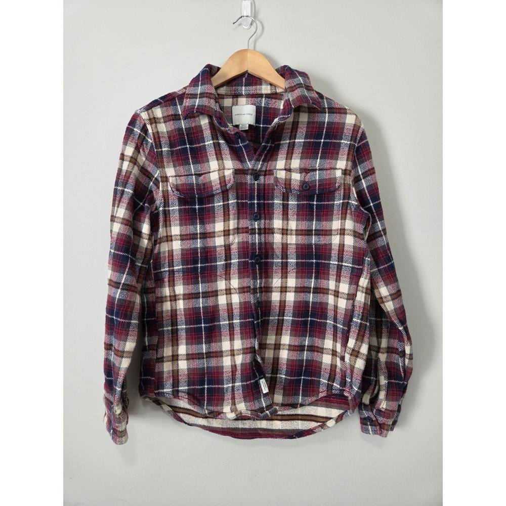 American Eagle Mens Red Navy Blue Plaid Flannel Button Down Shirt Small S